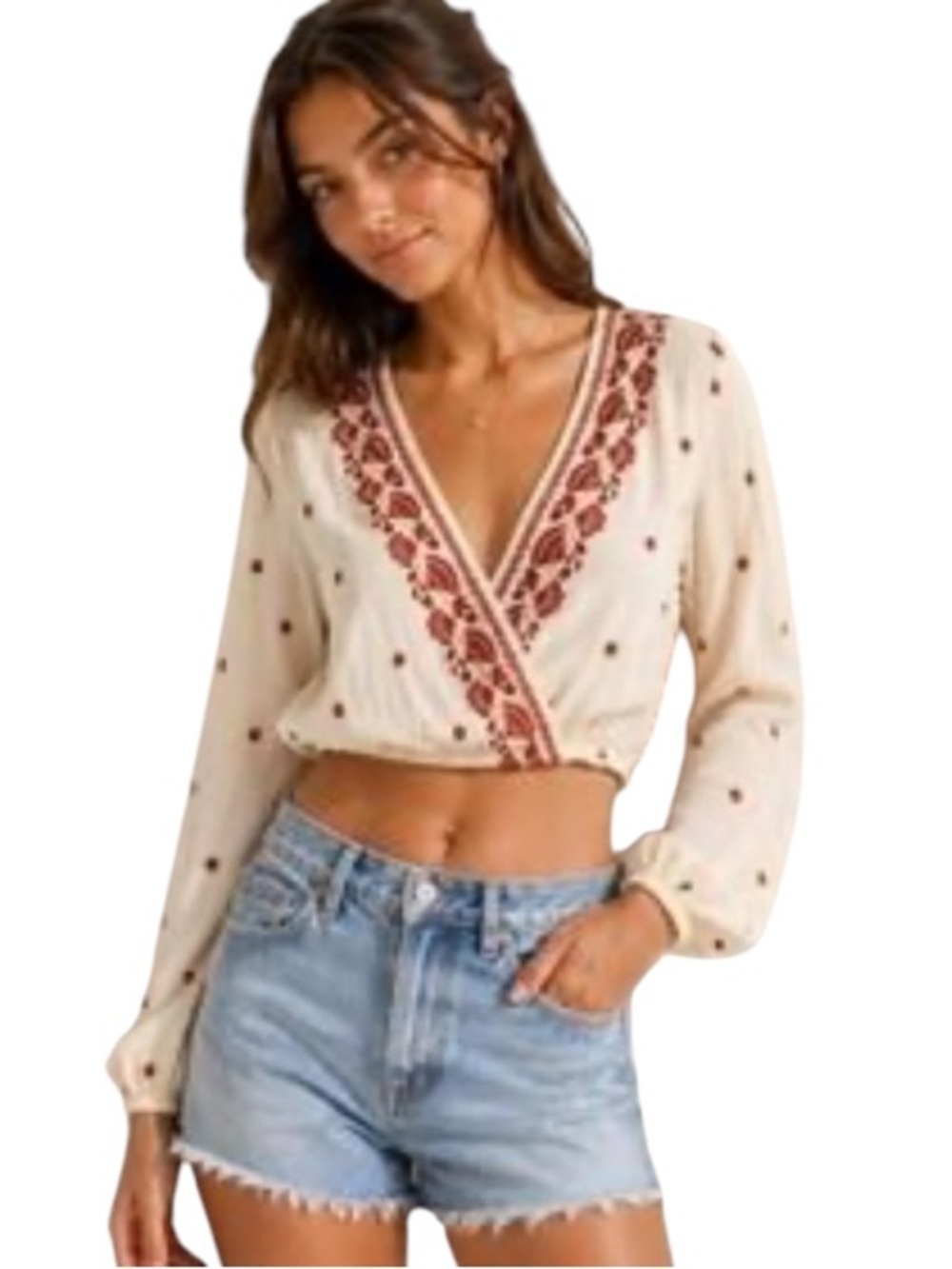 Forever 21 Cream Floral Embroidered Long Sleeve Boho Crop Top Size Medium